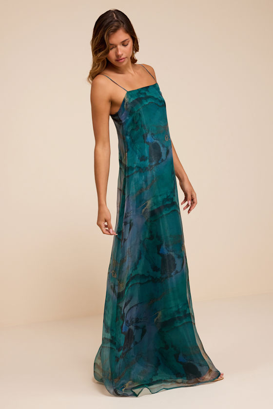 Bravo Teal Abstract Organza Maxi Dress - thumbnail 4