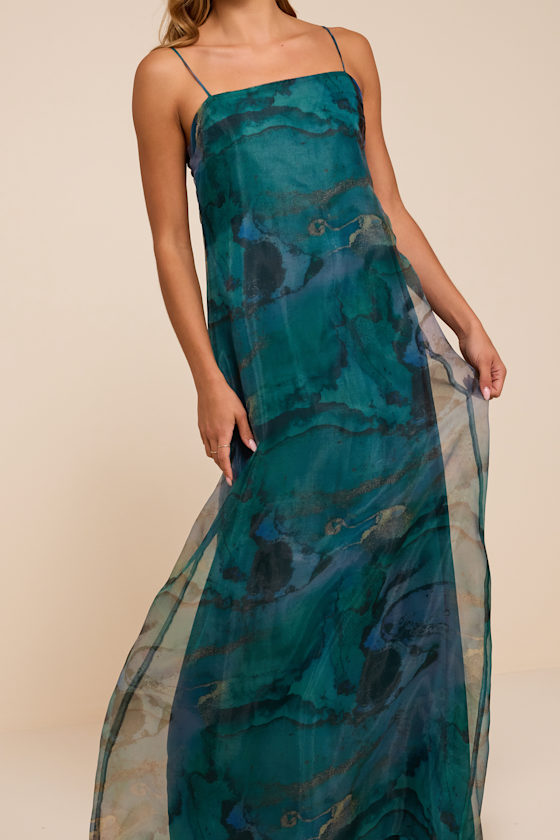 Bravo Teal Abstract Organza Maxi Dress - thumbnail 5