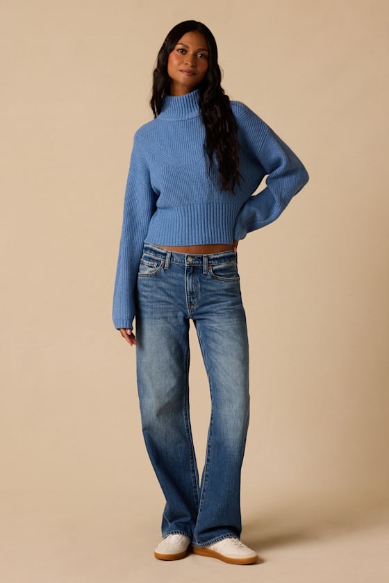 Snuggly Days Light Blue Cropped Mock Neck Sweater - thumbnail 4