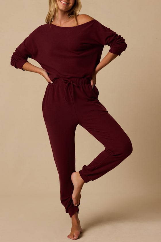 Dressed to Chill Wine Red Ribbed Drawstring Joggers - thumbnail 5