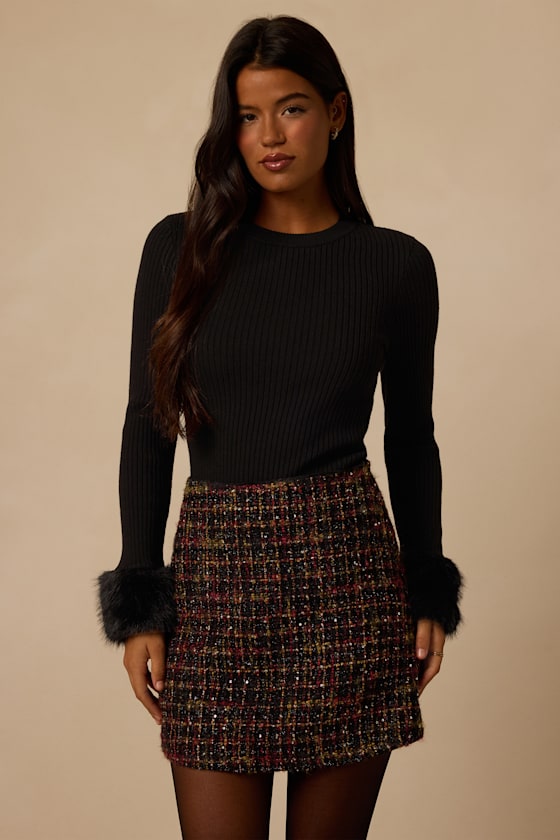 Bubbly Vibe Black Sequin Boucle Mini Skirt 1