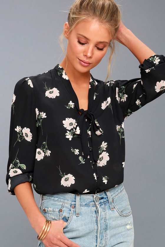 Cute Black Floral Print Top - Button-Up Long Sleeve Top - Lulus