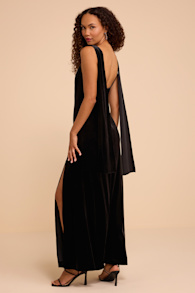 Liora Black Velvet Boat Neck Sash Maxi Dress 1