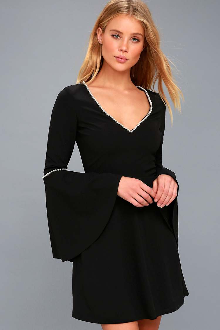 Chic Black Skater Dress - Bell Sleeve Dress - Pearl Dress - Lulus