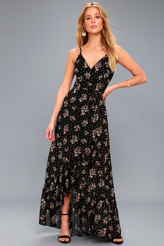 black floral maxi wrap dress