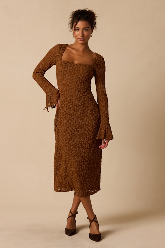 Ornella Brown Floral Lace Long Sleeve Midi Dress 1