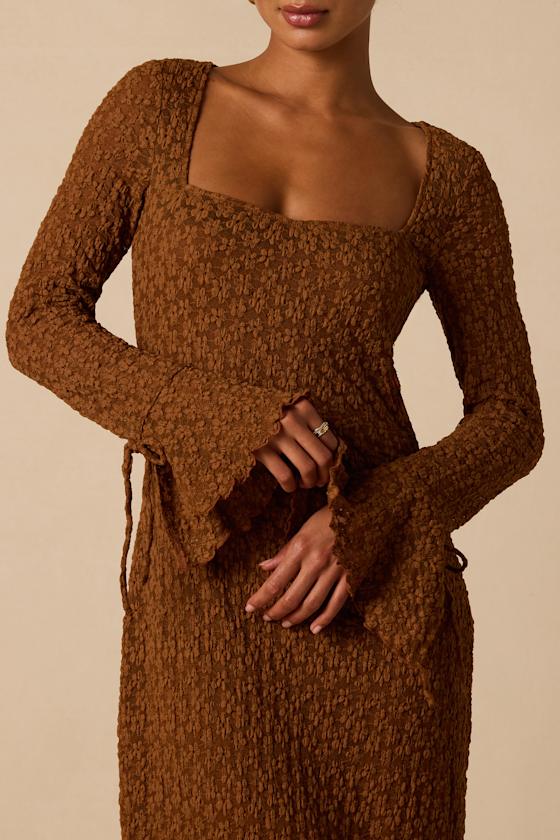 Ornella Brown Floral Lace Long Sleeve Midi Dress 2