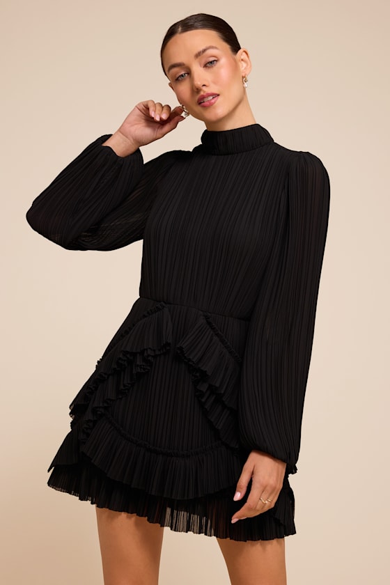 Lulus Alvana Black Plisse Long Sleeve Mini Dress