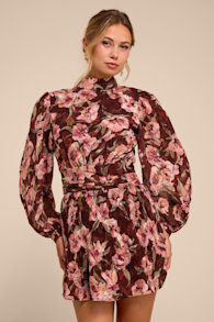 Ayveen Brown Floral Burnout Balloon Sleeve Mini Dress 2