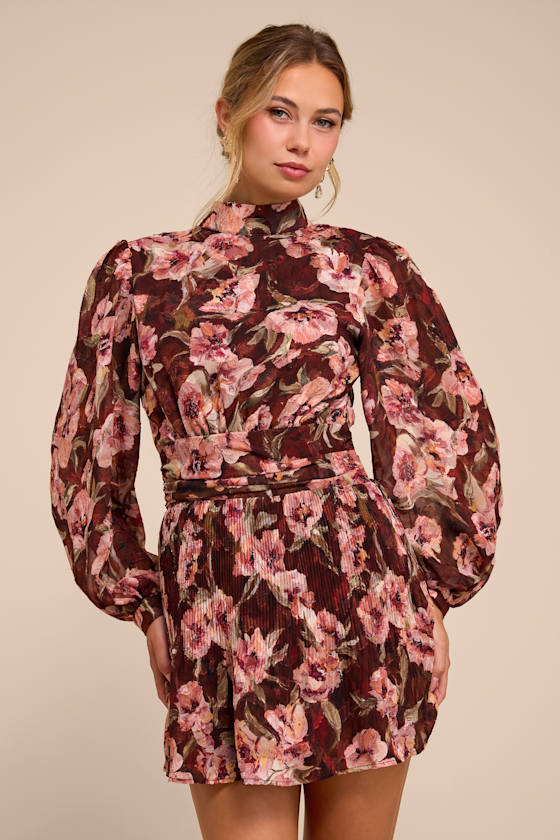 Ayveen Brown Floral Burnout Balloon Sleeve Mini Dress 2