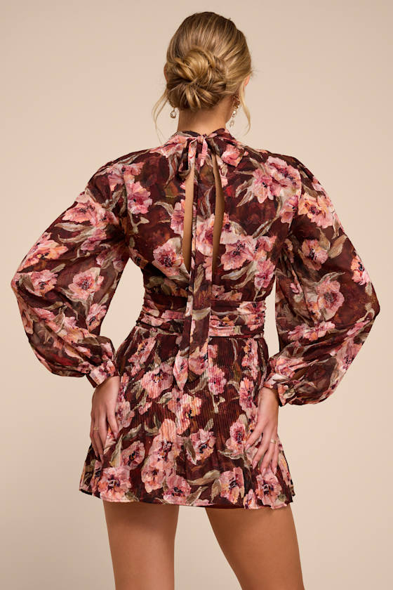 Ayveen Brown Floral Burnout Balloon Sleeve Mini Dress 3