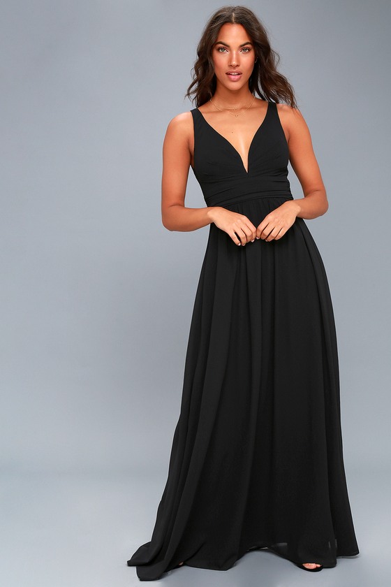 Elegant Maxi Dress - Black Dress - Plunging Maxi Dress