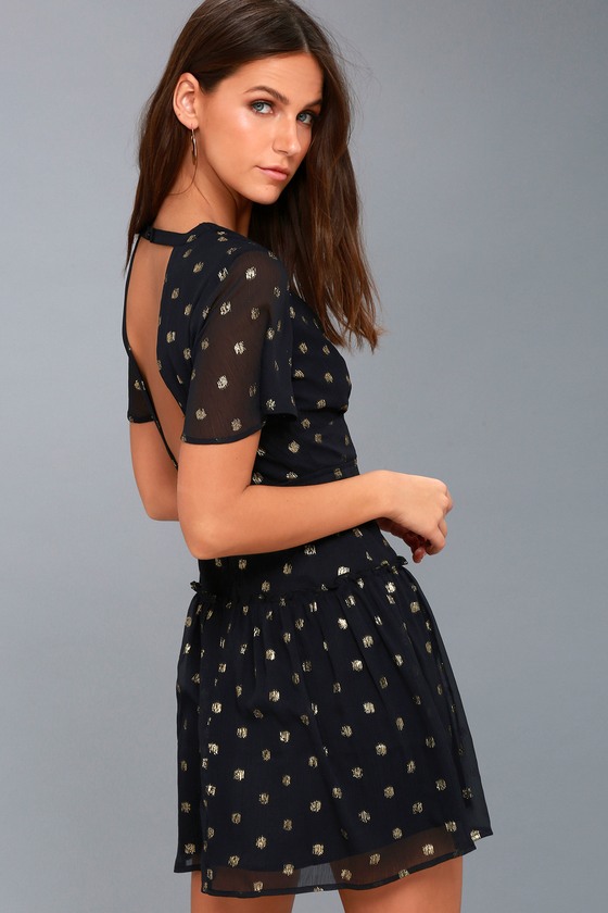 lulus black and gold polka dot dress