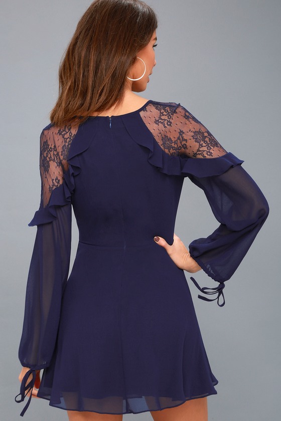 Chic Navy Blue Long Sleeve Lace Skater Dress