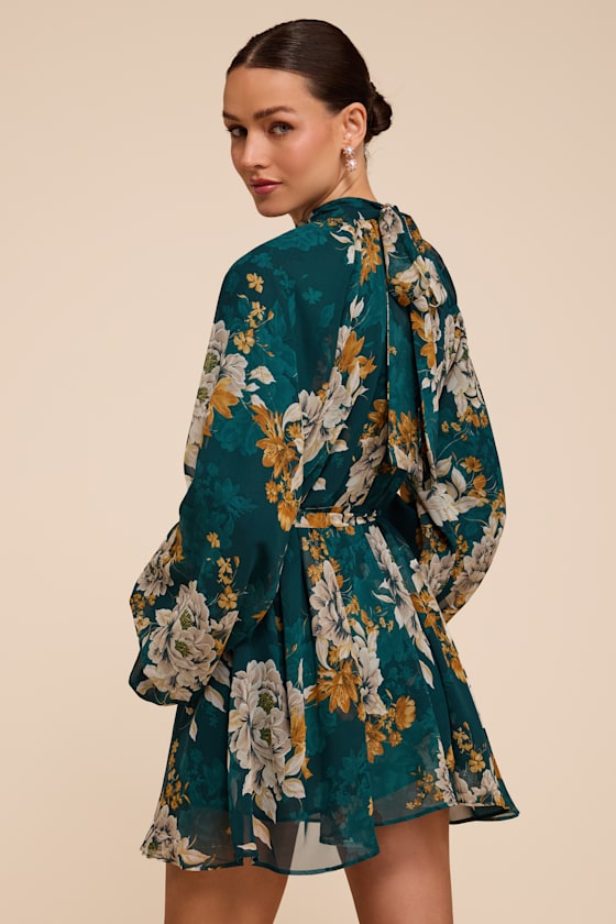 Lata Emerald Floral Mock Neck Belted Mini Dress - thumbnail 3