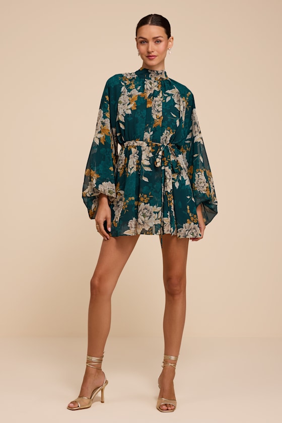 Lata Emerald Floral Mock Neck Belted Mini Dress - thumbnail 4