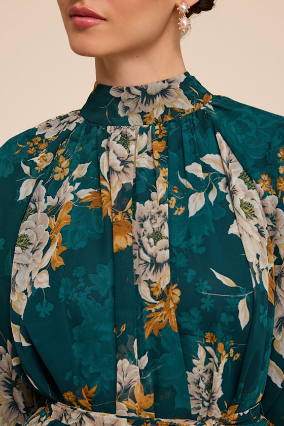 Lata Emerald Floral Mock Neck Belted Mini Dress - thumbnail 5