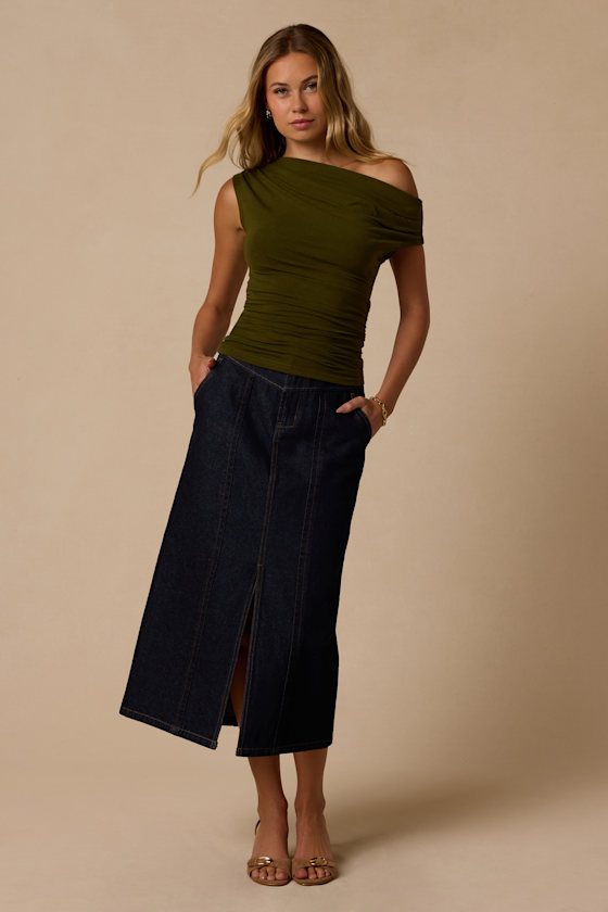 Expert Poise Dark Olive Green Ruched One-Shoulder Top - thumbnail 4