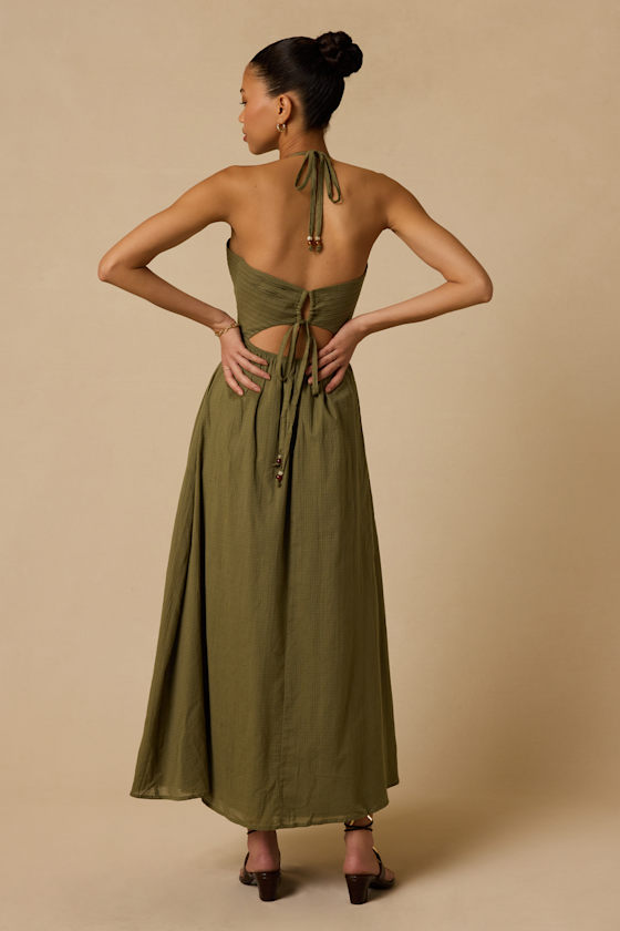 Kylene Olive Green Pleated Halter Maxi Dress - thumbnail 3