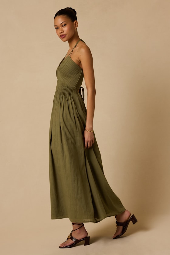Kylene Olive Green Pleated Halter Maxi Dress - thumbnail 4