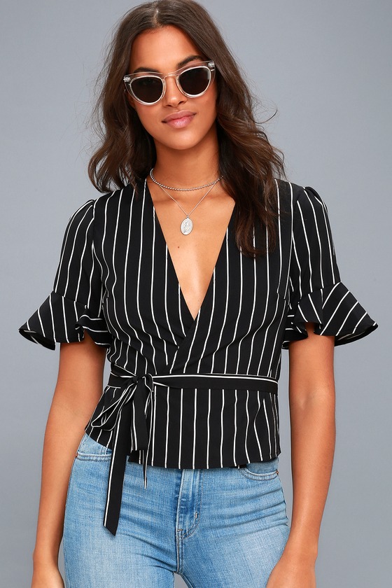 Black and White Striped Wrap Top - Flounce Sleeve Wrap Top - Lulus