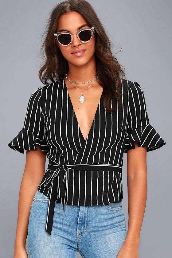Debonair Black and White Striped Wrap Top 2