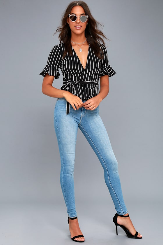 Debonair Black and White Striped Wrap Top 1