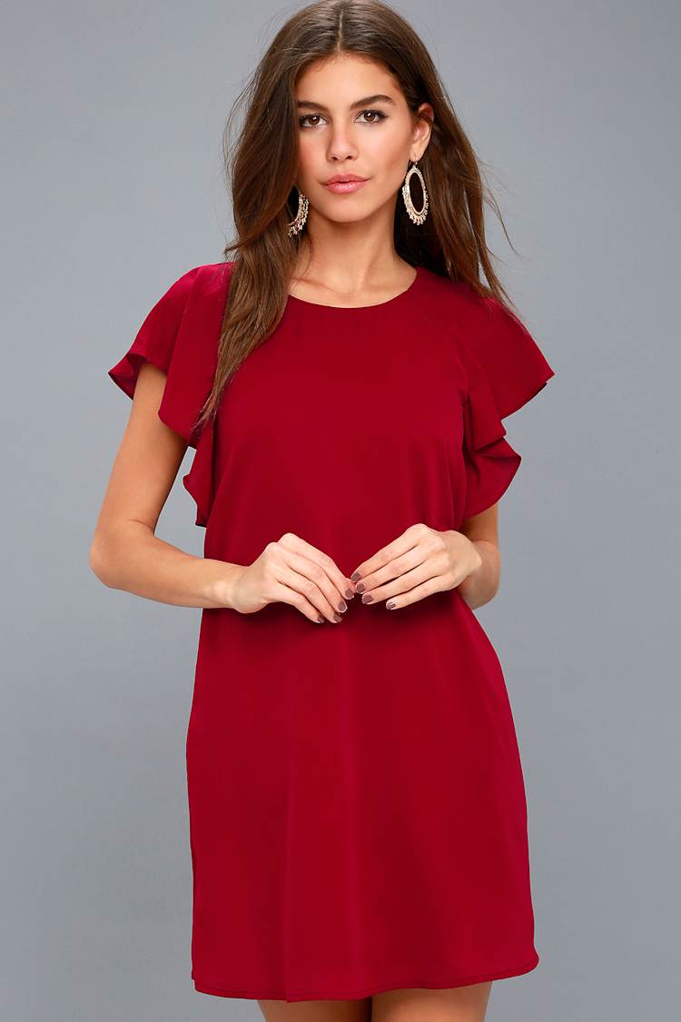 Cute Wine Red Dress - Short Sleeve Dress - Shift Dress - Lulus