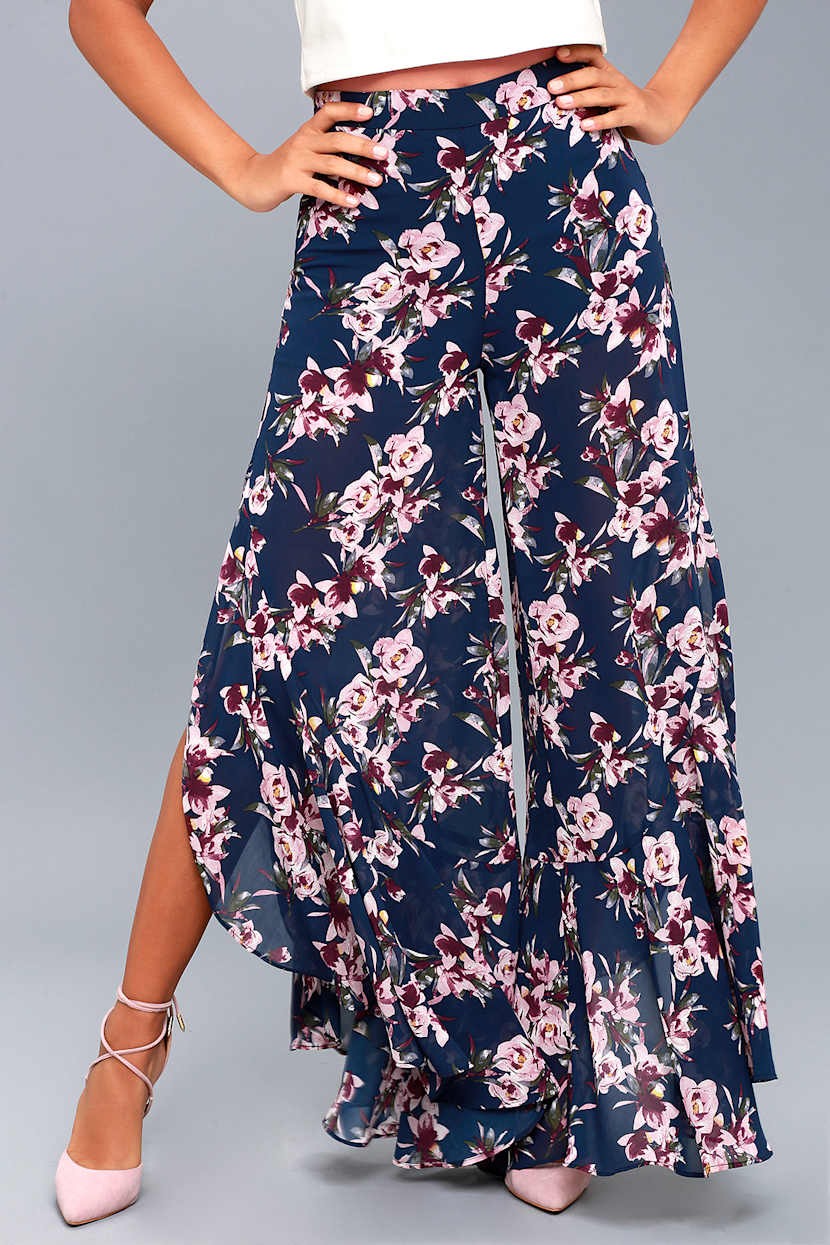 NWT Lulus Maui Moments Navy Blue Floral Print Satin Crop Wide Le Sale Price