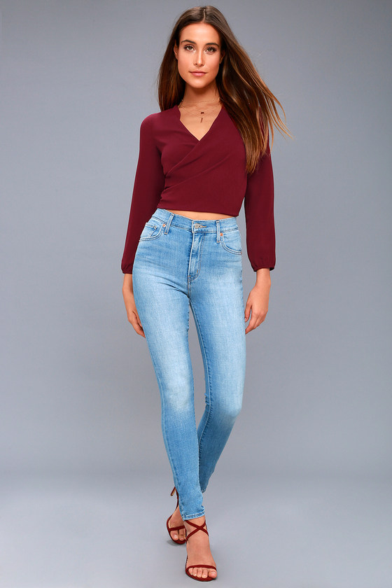 burgundy crop top outfit