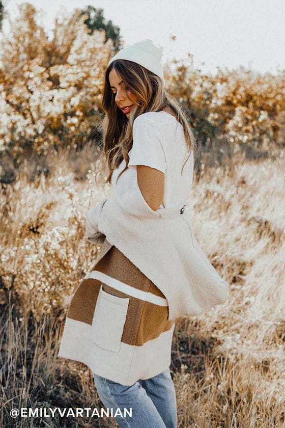 Carlsbad Tan and Beige Hooded Cardigan Sweater