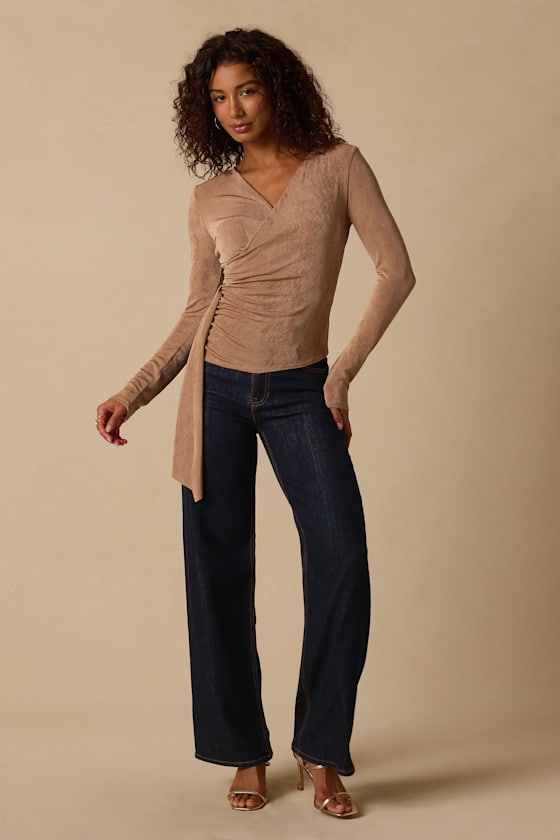 Beck Khaki Long Sleeve Surplice Top - thumbnail 4