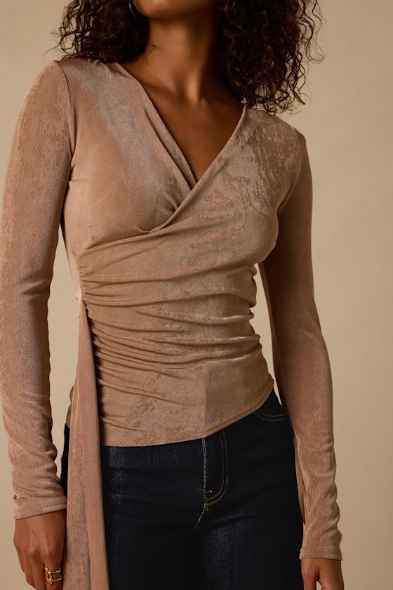 Beck Khaki Long Sleeve Surplice Top - thumbnail 5