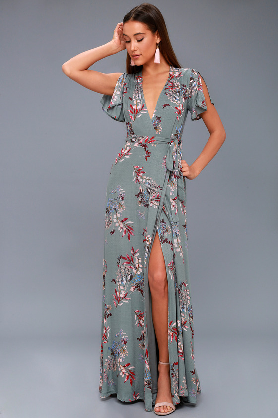 Pretty Slate Blue Floral Print Dress - Wrap Maxi Dress - Lulus