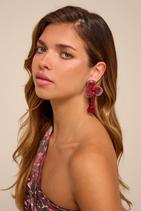 Rosalina Burgundy Flower Drop Earrings - thumbnail 3