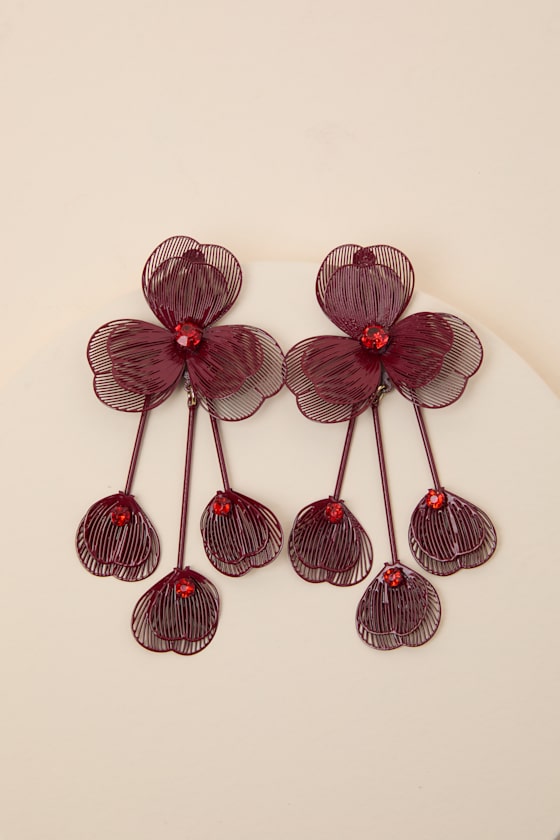 Rosalina Burgundy Flower Drop Earrings - thumbnail 4