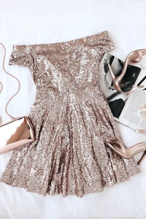 Sequin Deep V Ruffle Skater Dress Rose Gold