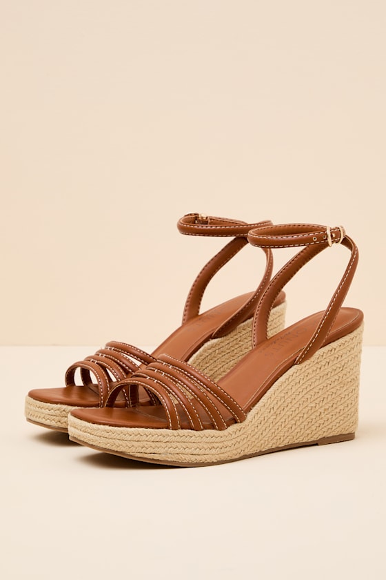 Sunnie Cognac Raffia Wedge Sandals - thumbnail 3