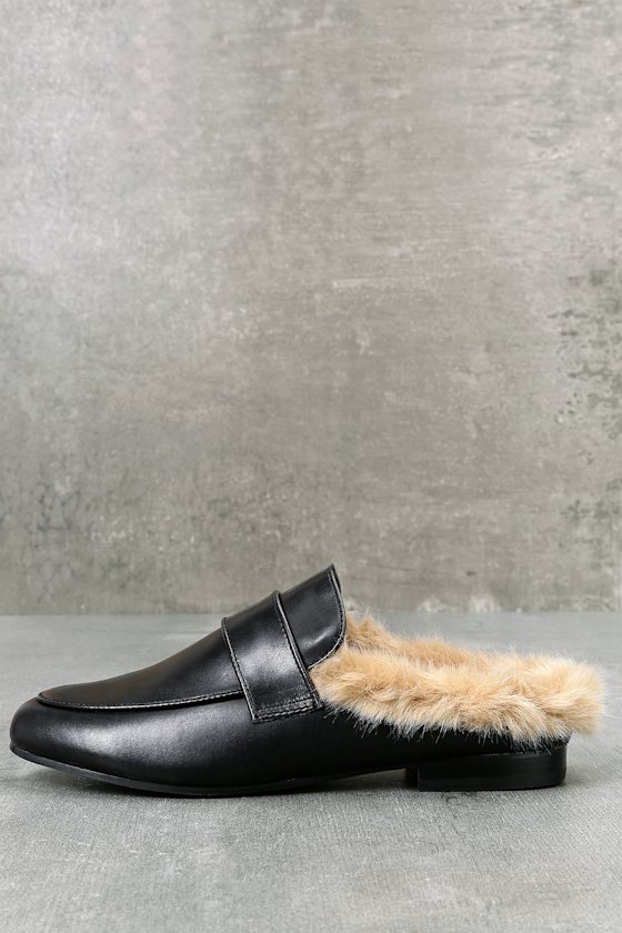 Steve Madden Kaden Black Leather Faux Fur Loafer Slides Lulus