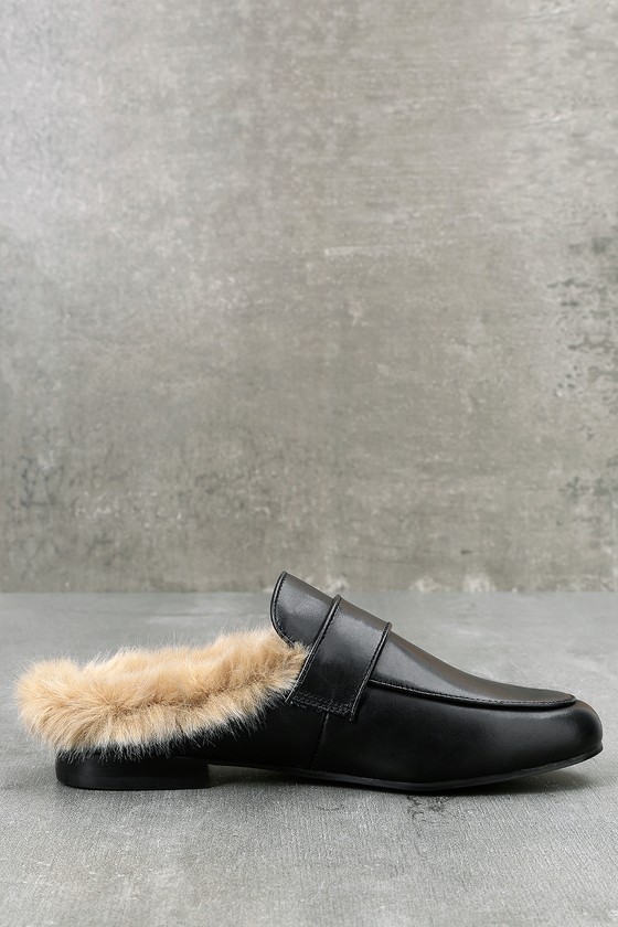 black faux fur loafer slides