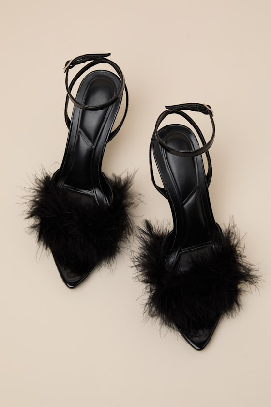 Marilyn Black Feather Ankle Strap Heels 2
