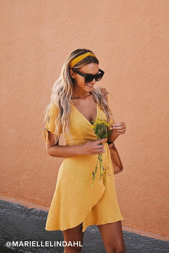 golden yellow wrap dress