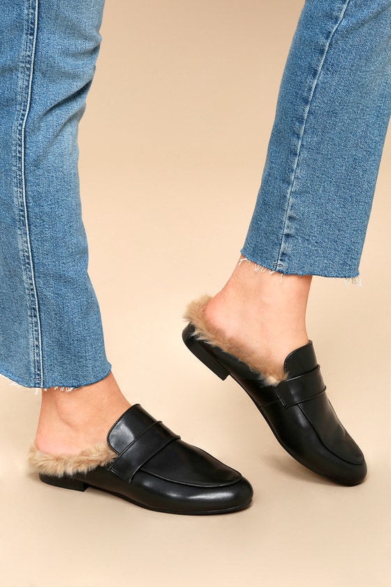 black faux fur loafer slides