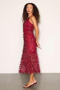 Fallon Wine Red Sequin Halter Midi Dress 1