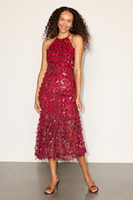 Fallon Wine Red Sequin Halter Midi Dress 2