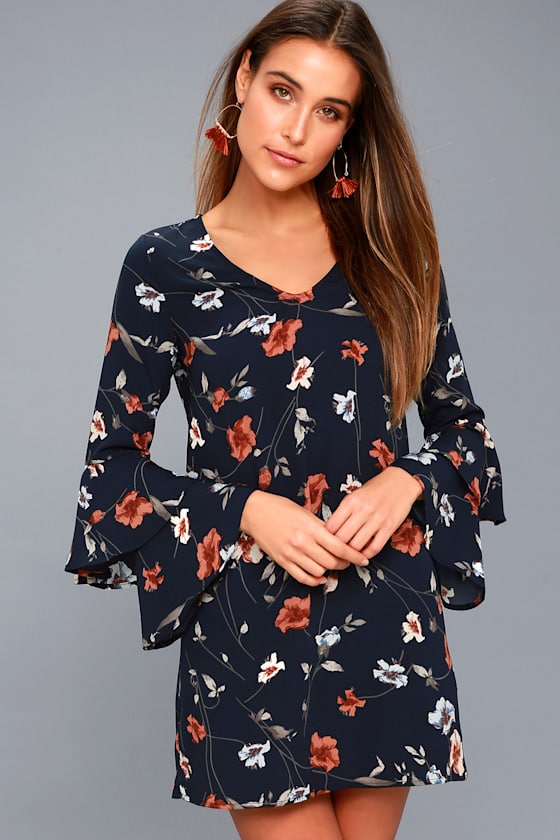 Boho Navy Blue Floral Dress Long Sleeve Floral Shift Dress Lulus