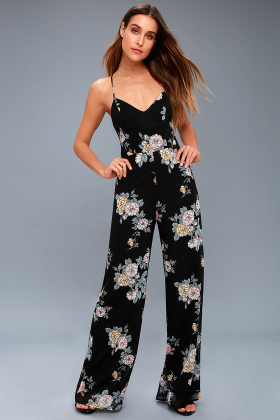 Chic Black Jumpsuit - Floral Print Jumpsuit - Lulus