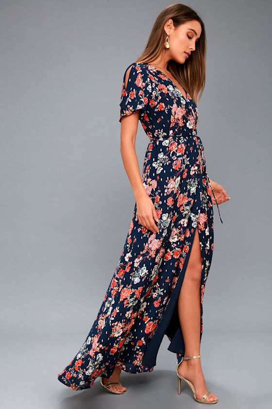 Divine Days Navy Blue Floral Print Wrap Maxi Dress 3
