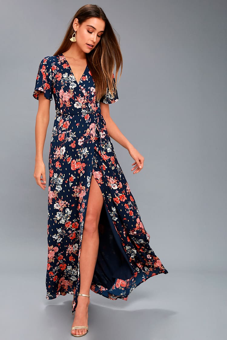 lulus navy floral maxi dress Floral Print Dress - Navy Blue Maxi Dress - Wrap Maxi Dress