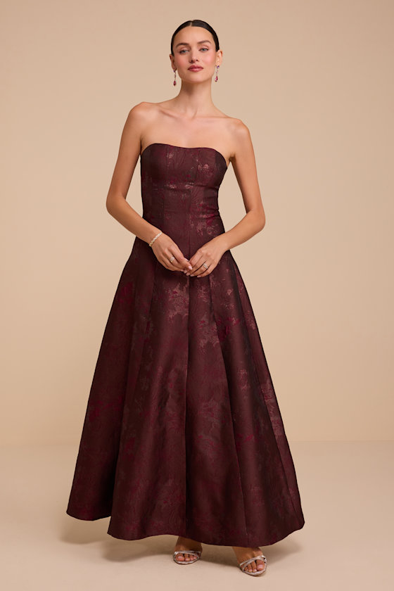 Cadence Burgundy Jacquard Strapless Maxi Dress 2